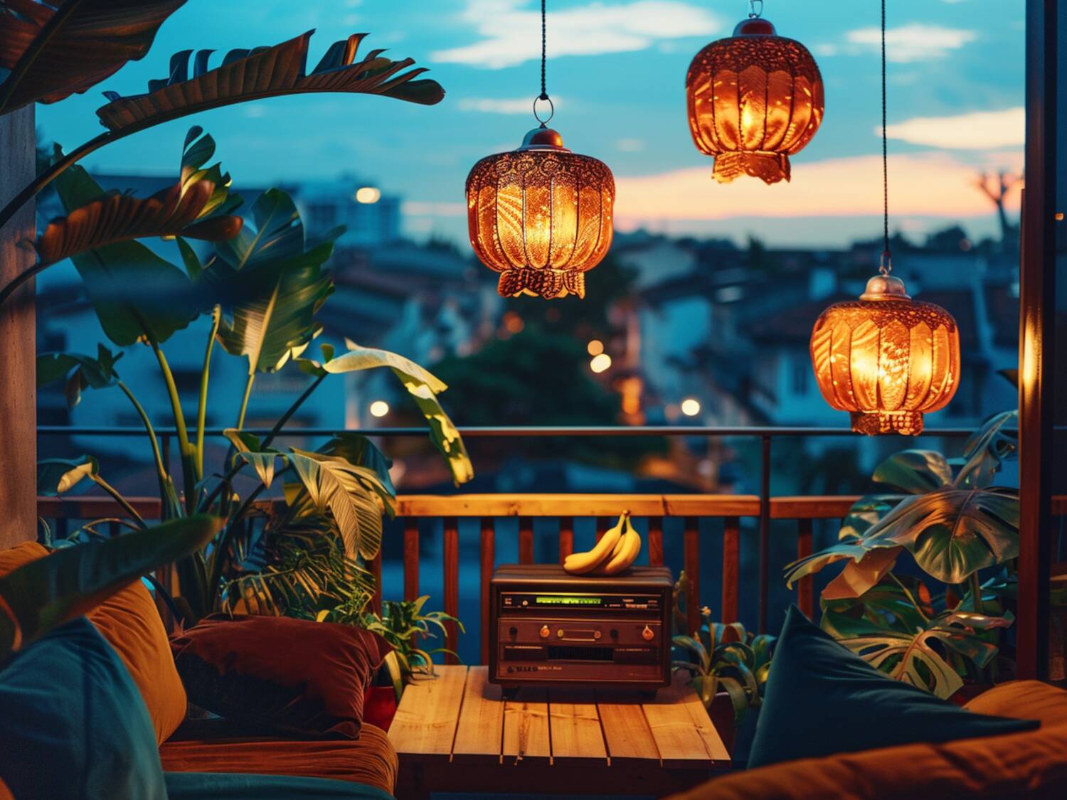 Jak urządzić balkon w stylu retro z lampami wiszącymi w odcieniach miedzi