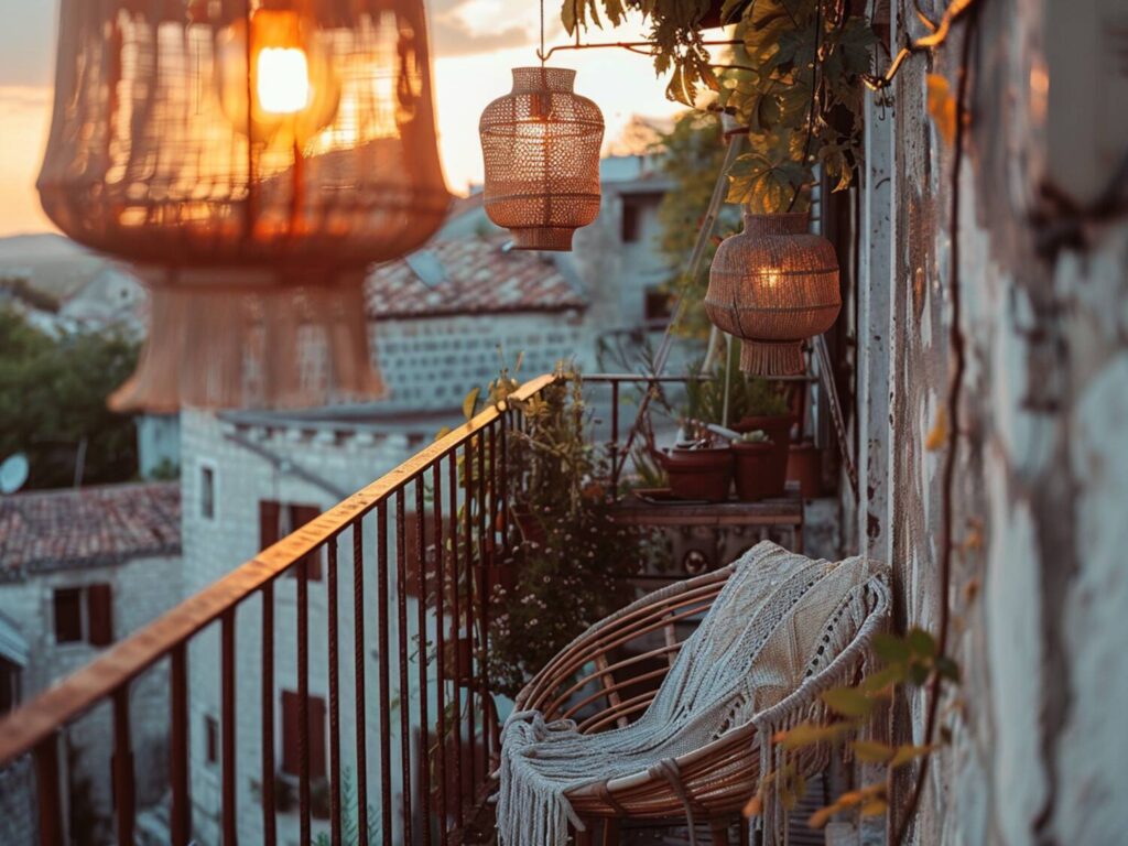 Jak urządzić balkon w stylu retro z lampami wiszącymi w odcieniach miedzi