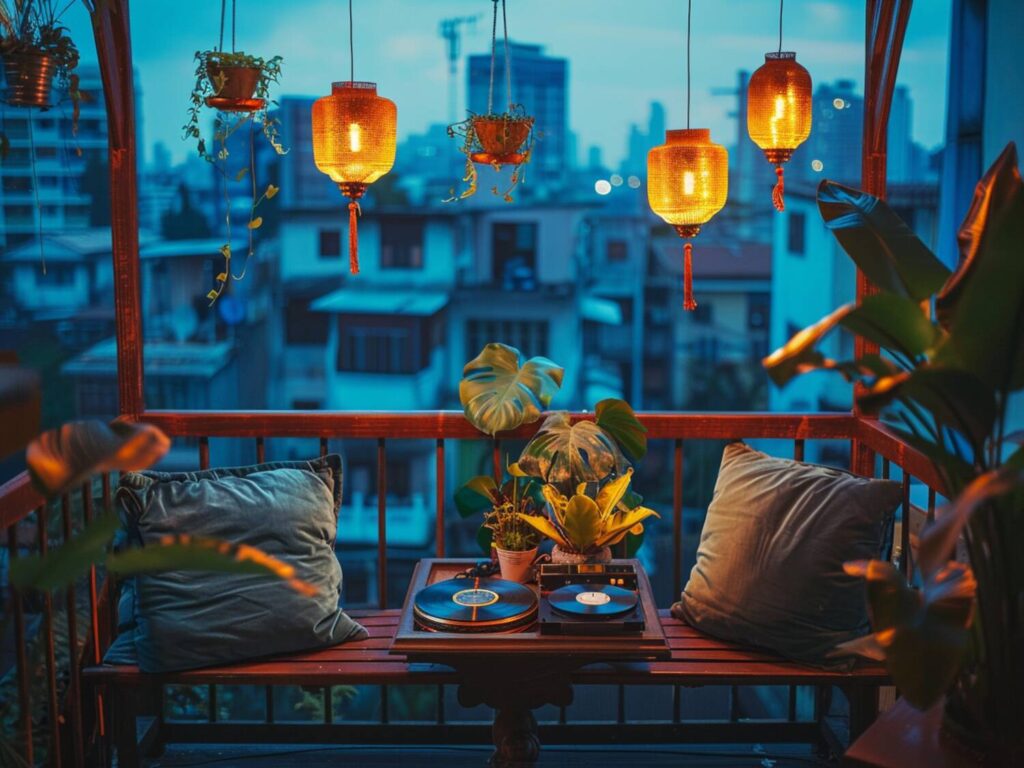 Jak urządzić balkon w stylu retro z lampami wiszącymi w odcieniach miedzi