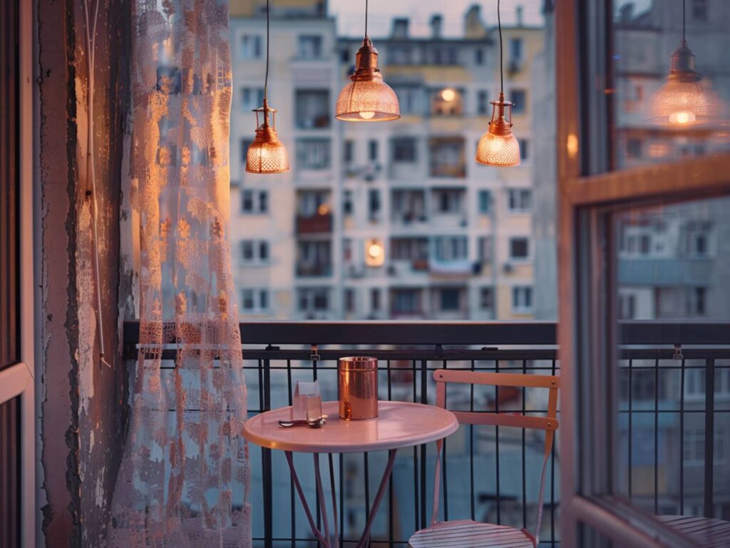 Jak urządzić balkon w stylu retro z lampami wiszącymi w odcieniach miedzi