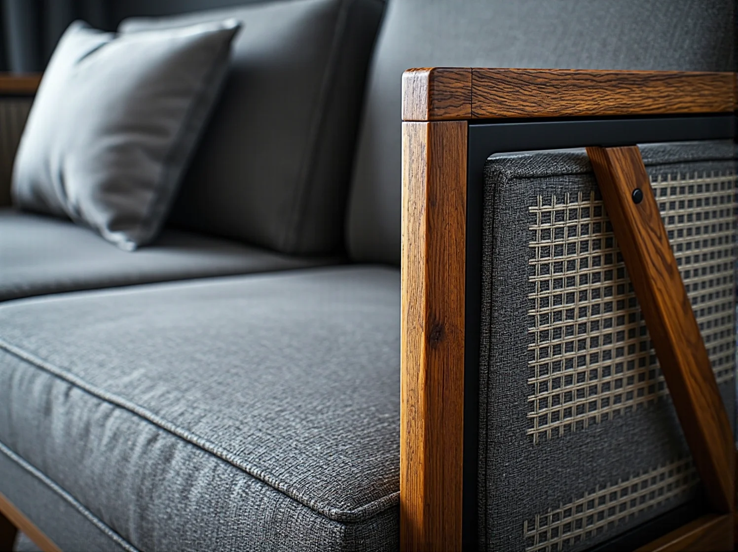 Szara sofa z drewnianą ramą i rattanowym bokiem