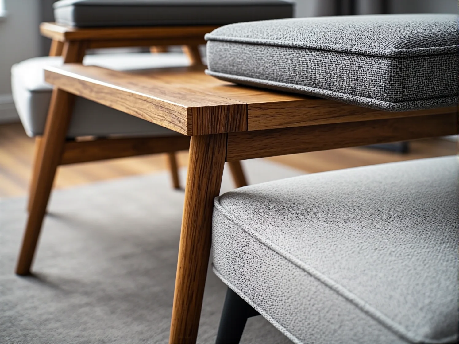 Dębowa ławka z szarą tapicerowaną poduszką w stylu skandynawskim