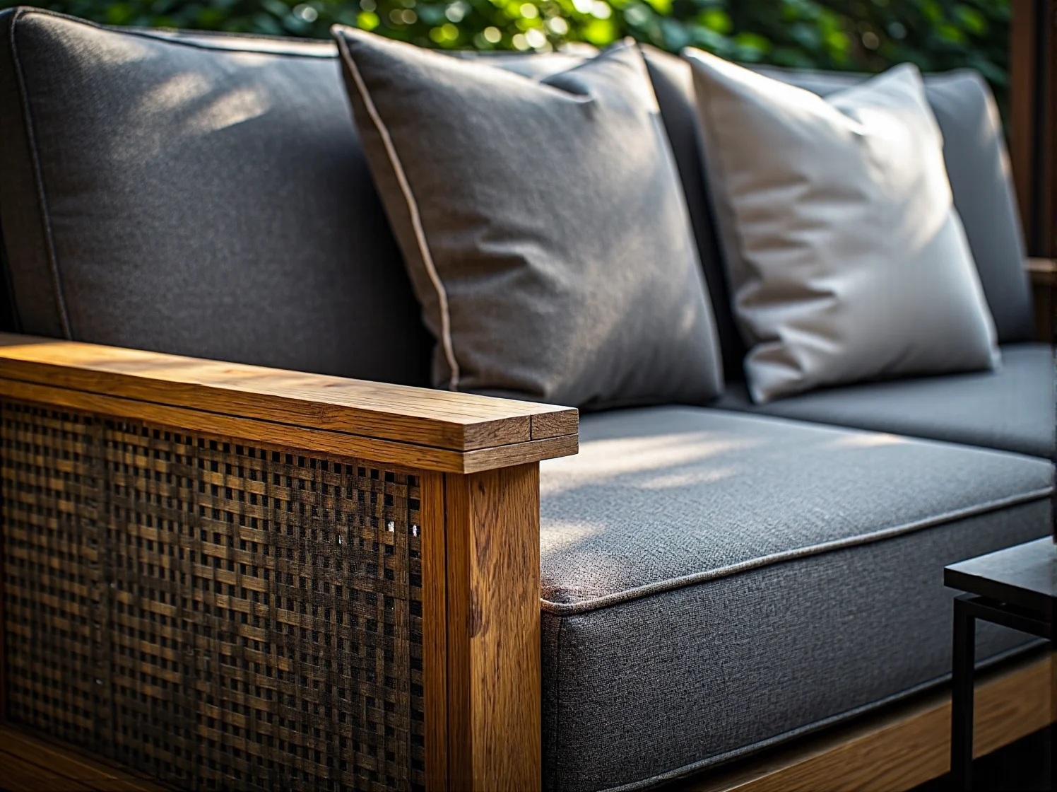 Sofa ogrodowa z drewnianą ramą i szarymi poduszkami