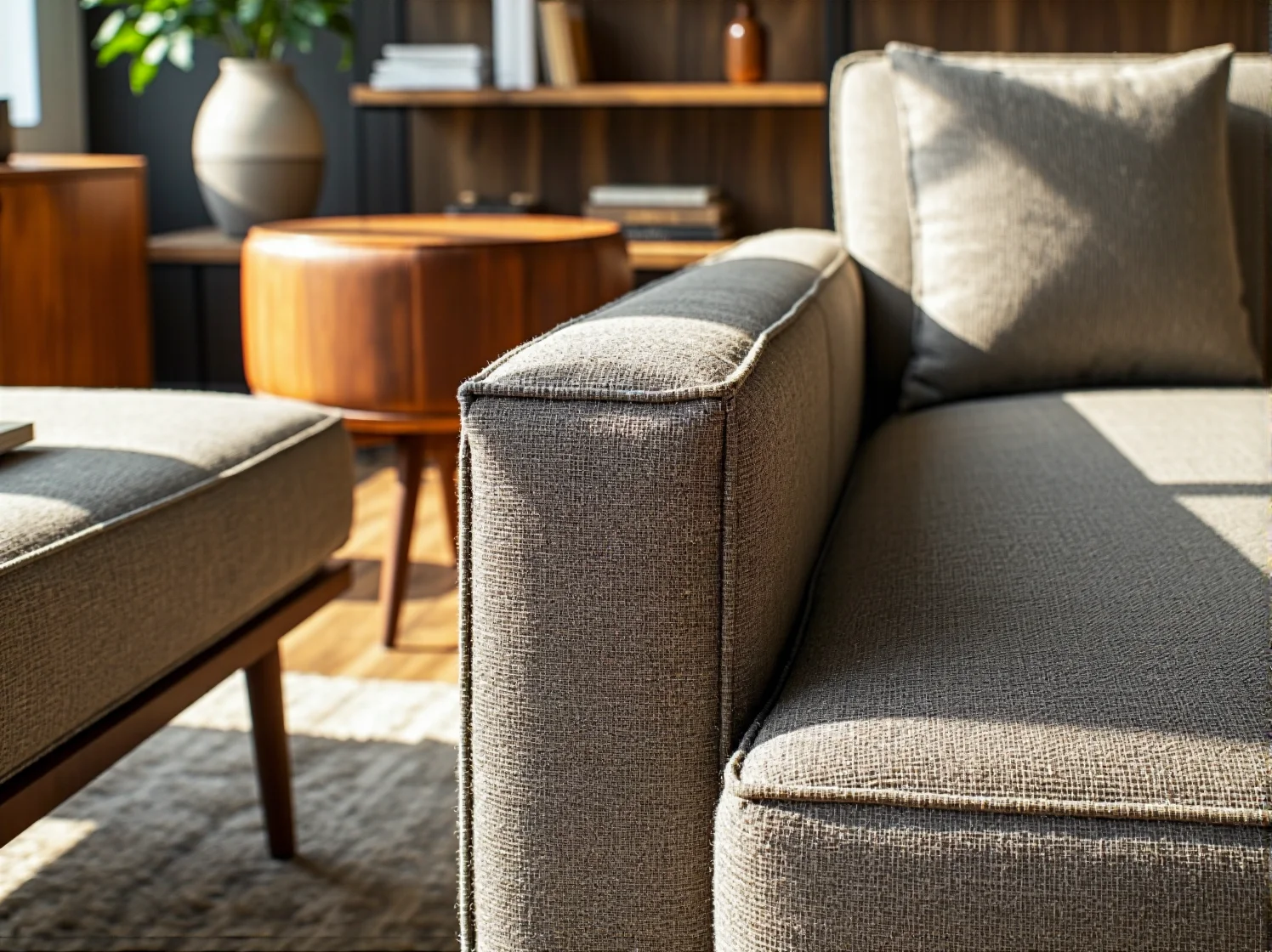 Tapicerowana sofa szara z poduszkami i drewnianymi nogami