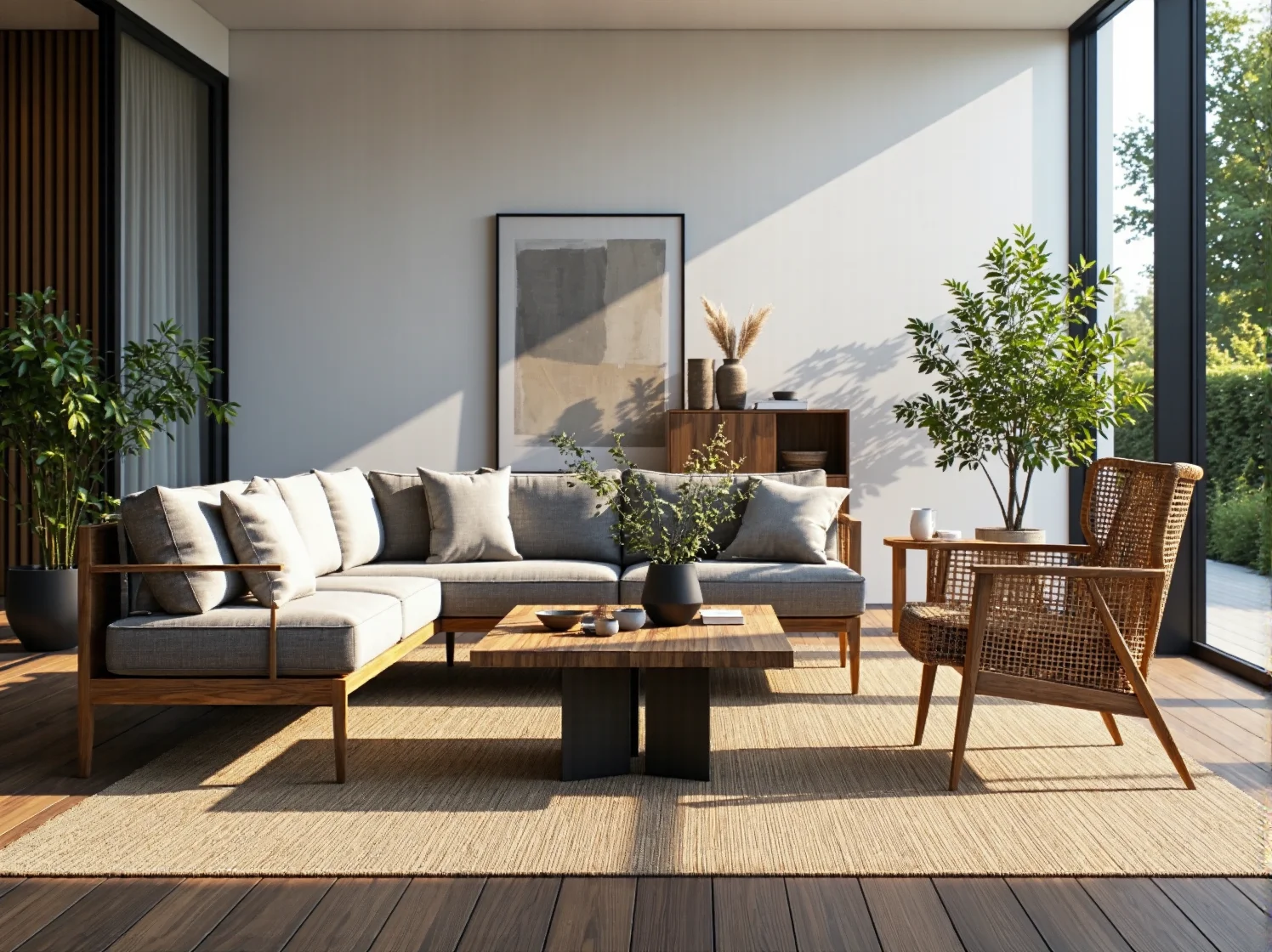 Nowoczesne krzesła ogrodowe łączące naturalne drewno i jasne tkaniny w skandynawskim stylu.