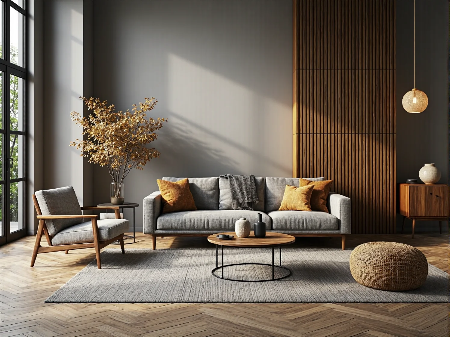 Nowoczesne meble eco-friendly w minimalistycznym salonie z dużą ilością naturalnego światła i roślin.