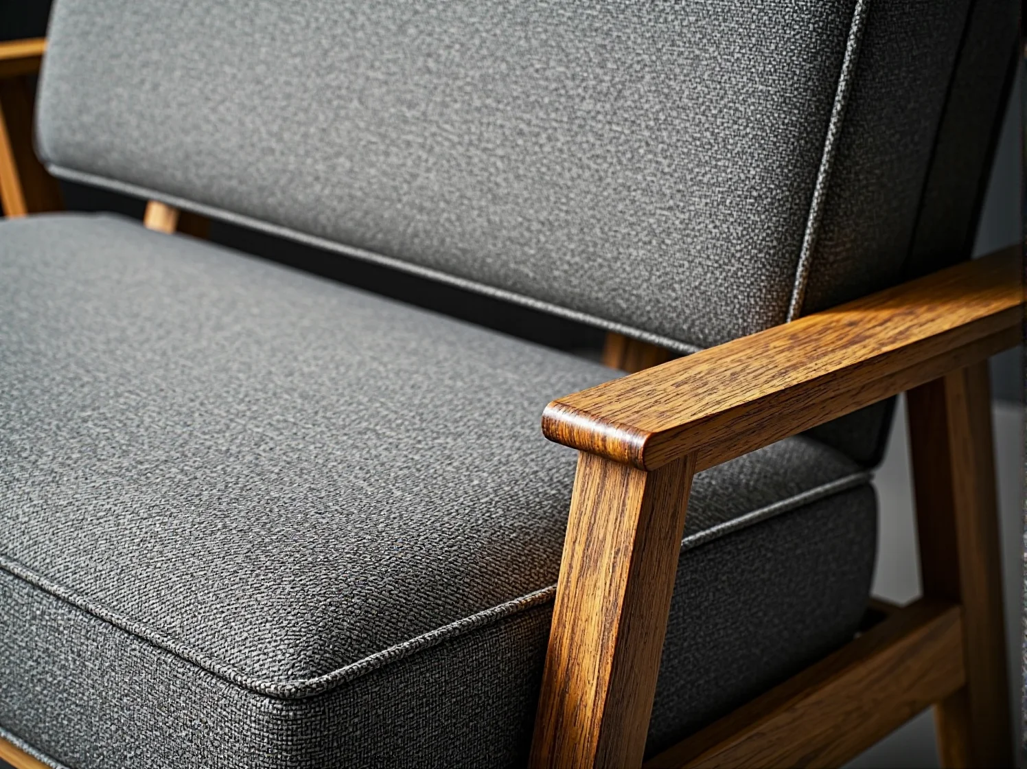 Fotel retro z szarą tapicerką na drewnianej ramie