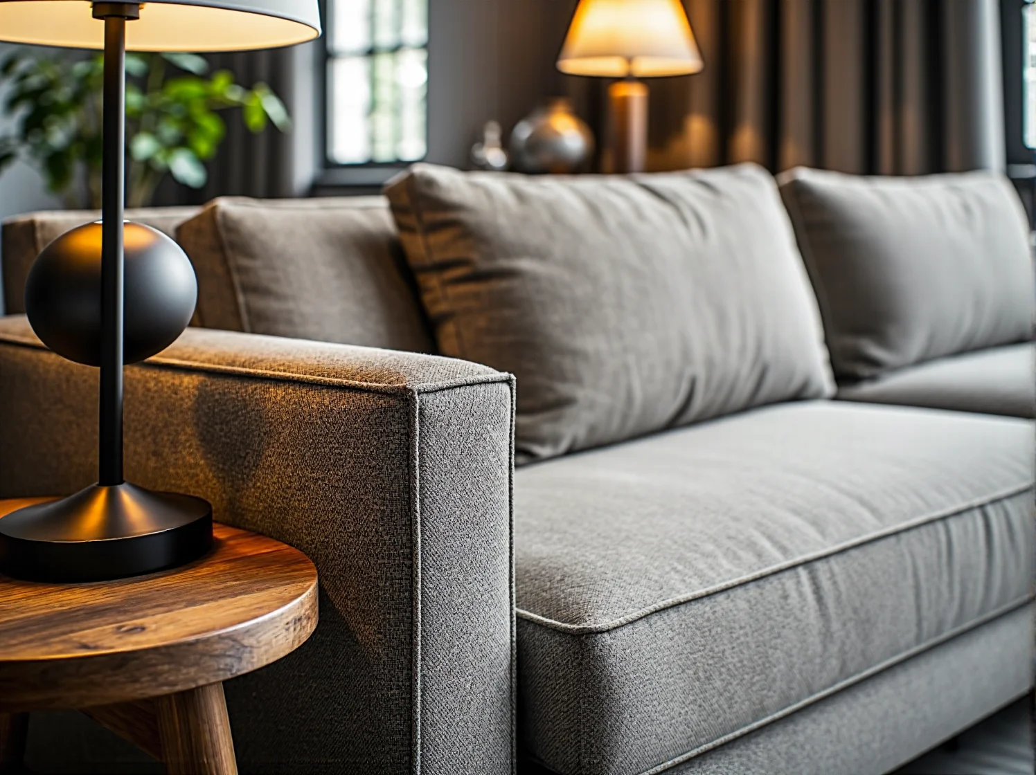 Nowoczesna sofa tapicerowana szara z miękkimi poduszkami oparcia