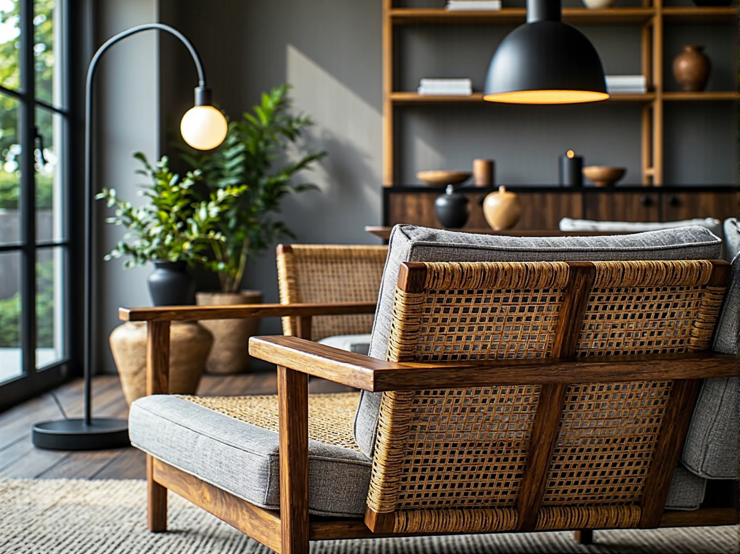 Drewniany fotel z rattanowym plecionkowym oparciem i szarą poduszką