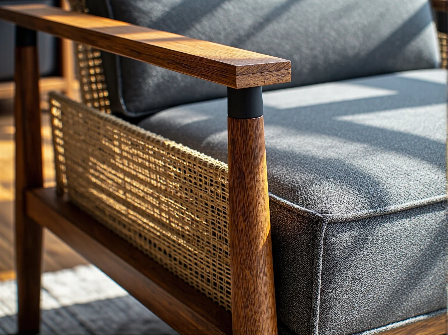 Nowoczesny fotel biurowy i drewniane biurko, podkreślające domową estetykę miejsca pracy.