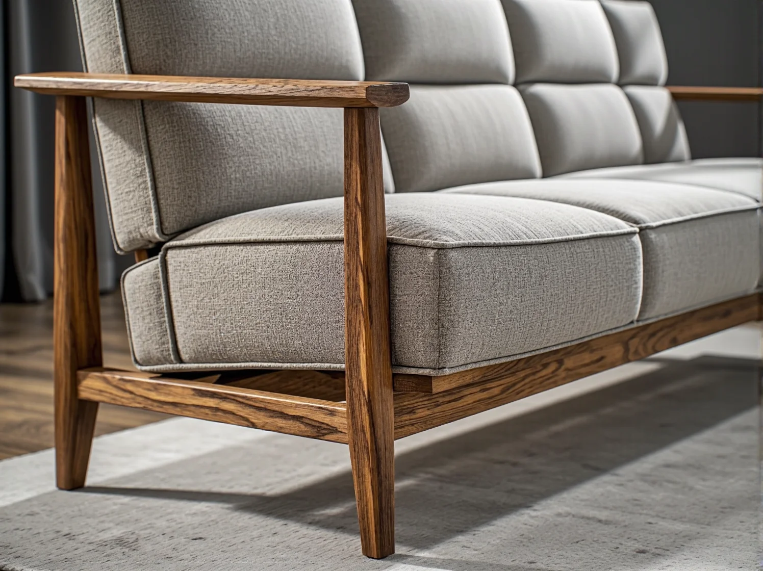 Funkcjonalne meble tapicerowane w małym salonie, w tym kompaktowa sofa i pufa ze schowkiem.