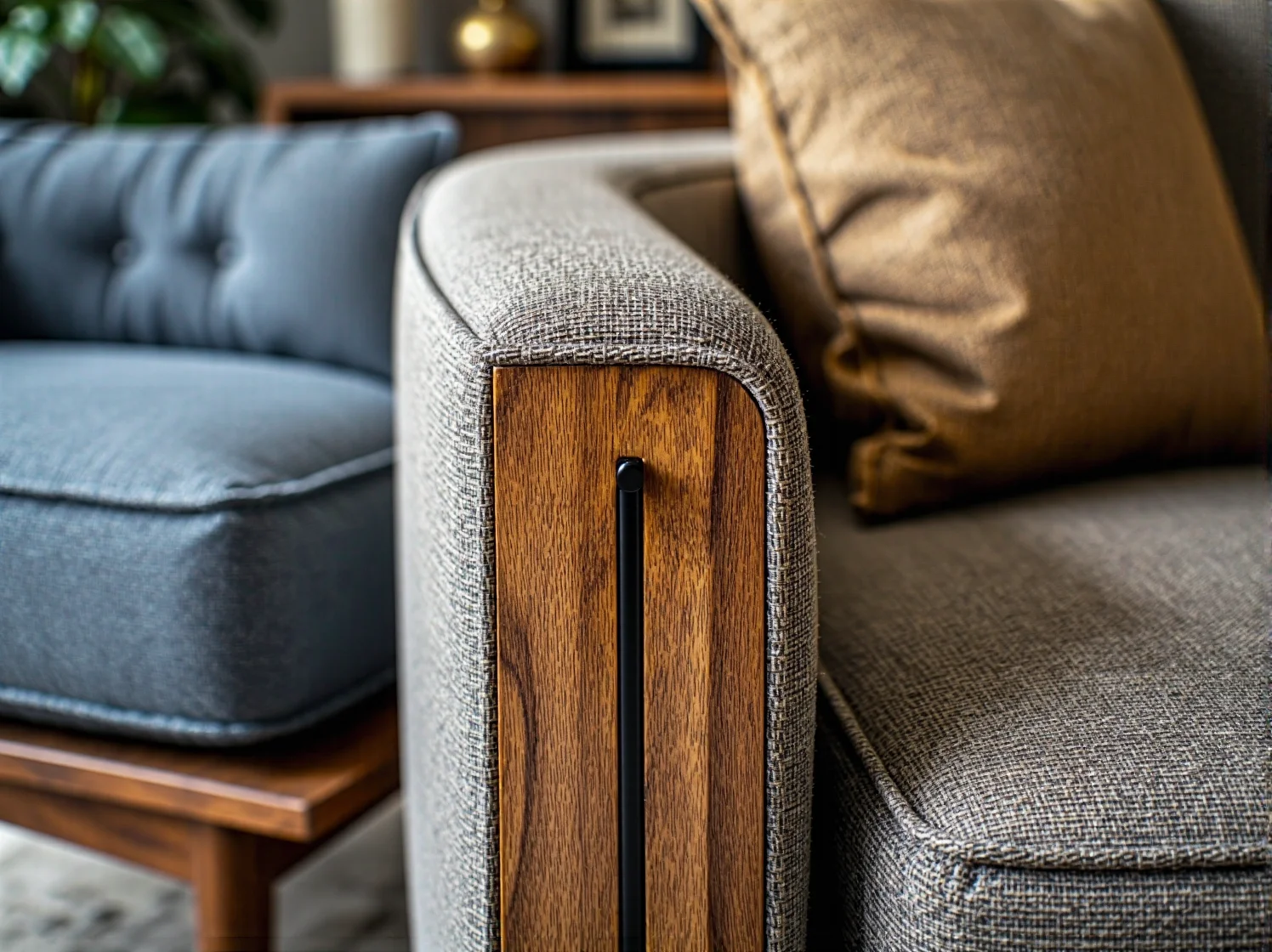 Aranżacja salonu pokazująca, jak łączyć różne wzory i kolory tekstyliów: dywan, zasłony i poduszki retro.