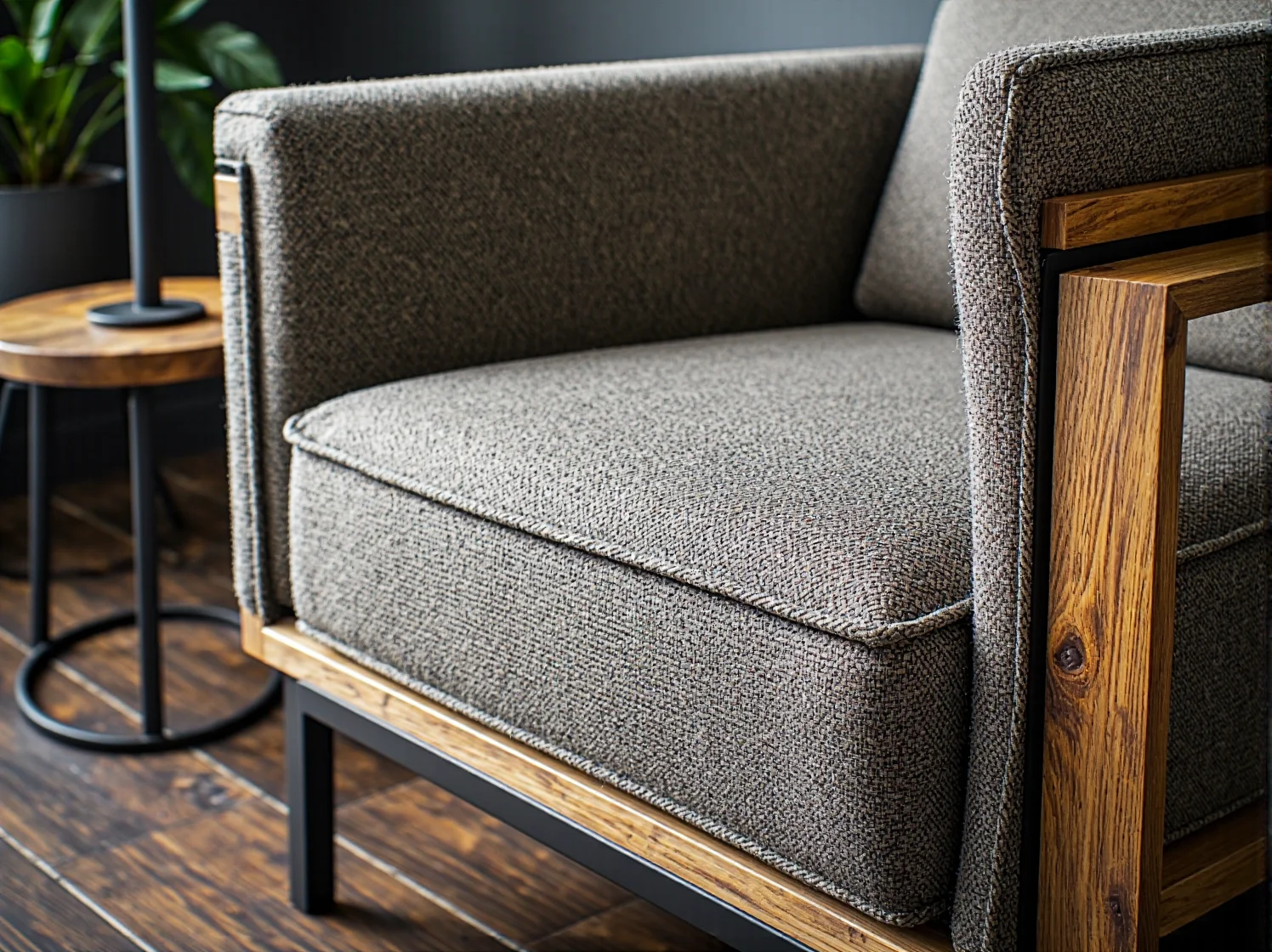 Szary fotel tapicerowany z drewnianymi podłokietnikami w stylu loft