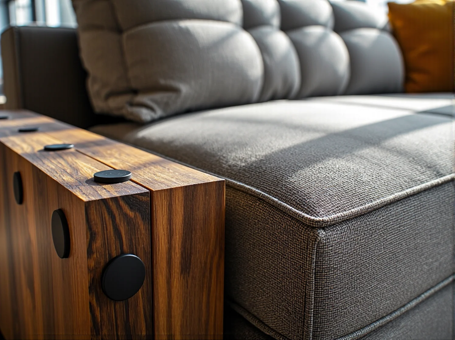 Przytulny kącik kawiarniany łączący surowy beton z wygodnymi, skórzanymi fotelami.