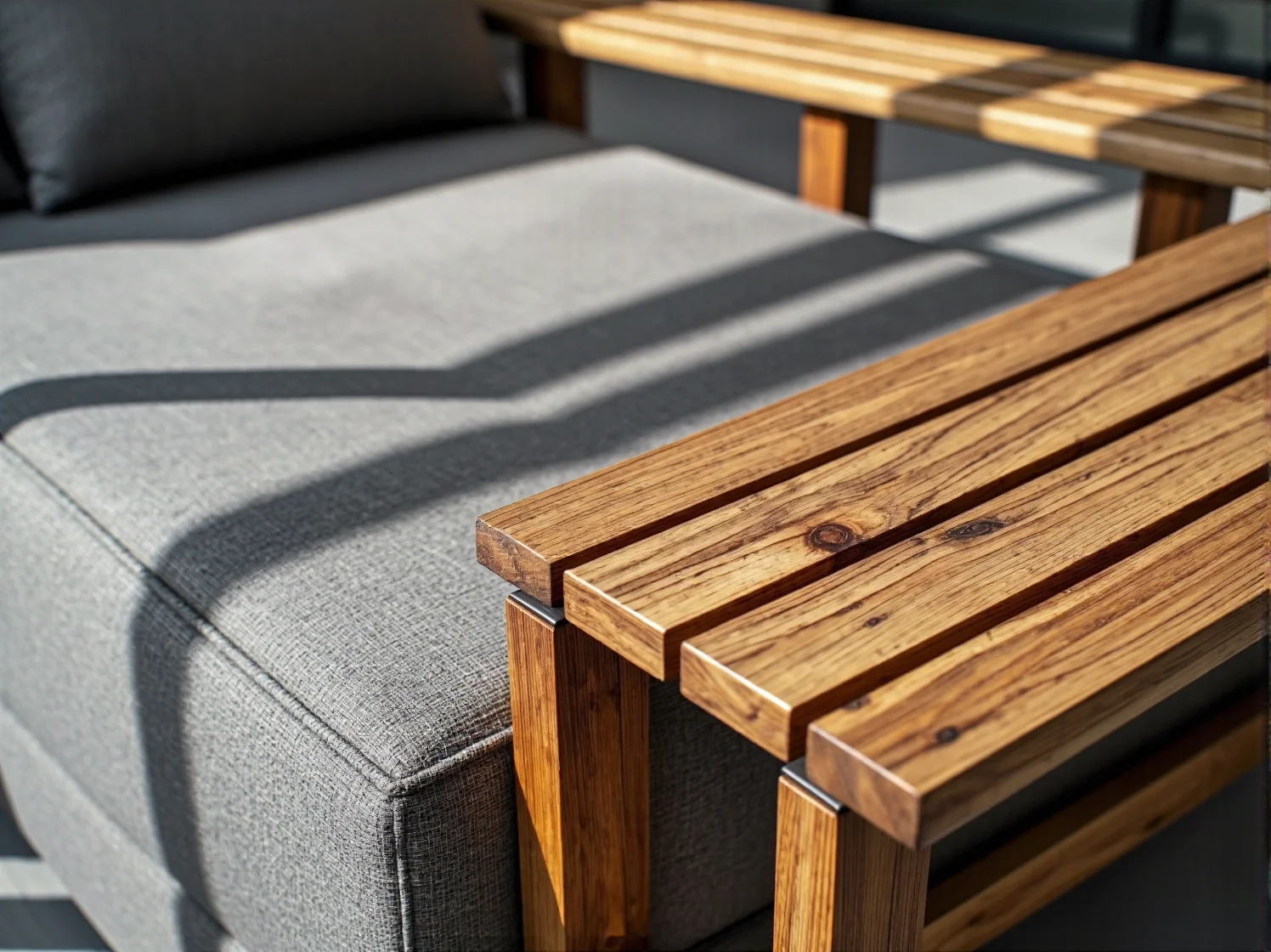 Klasyczna drewniana ławka parkowa na tarasie wśród kwiatów