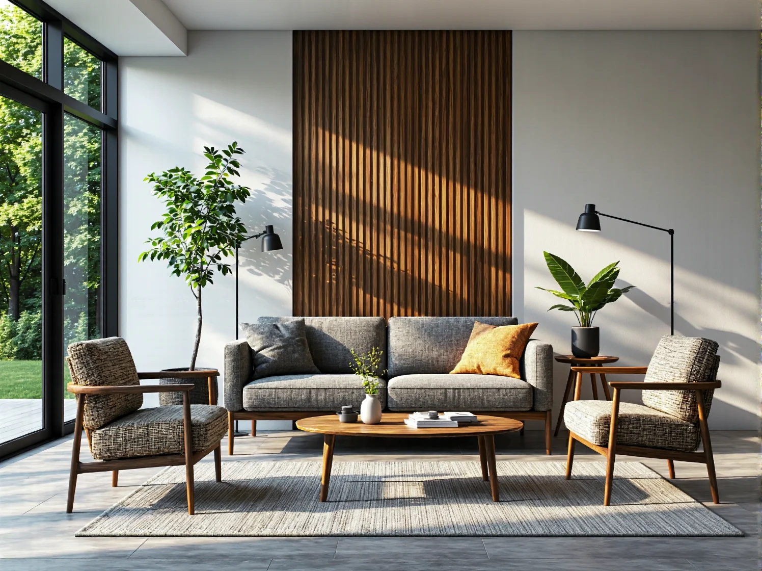 Szary komplet wypoczynkowy z sofą i dwoma fotelami na drewnianych nogach