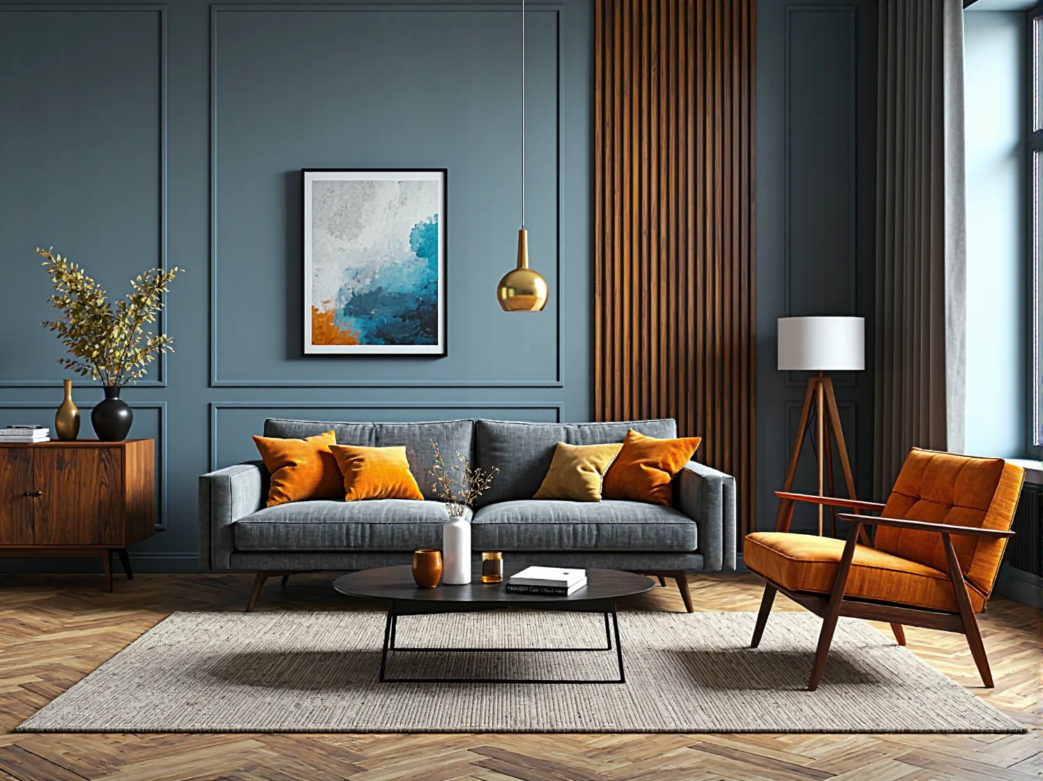 Zbliżenie na dodatki tekstylne retro: welurowe zasłony w odcieniu butelkowej zieleni i poduszki w kwiaty.