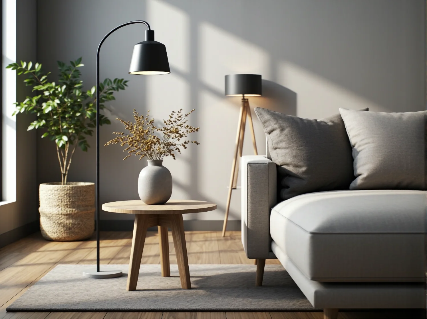 Szara sofa tapicerowana z poduszkami na drewnianych nóżkach