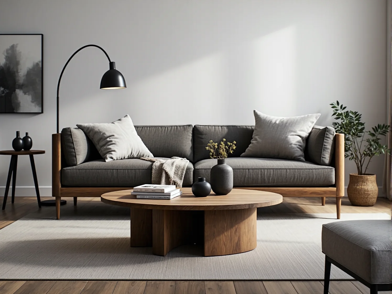 Szara sofa trzyosobowa na drewnianym stelażu z poduszkami