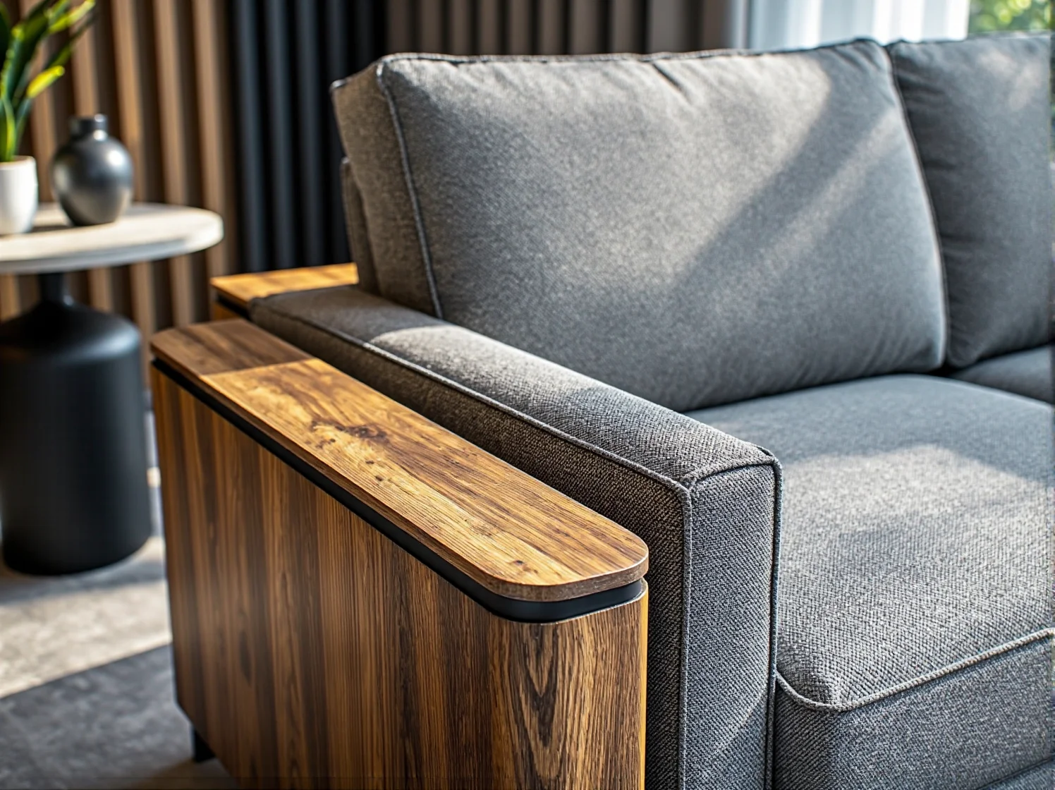 Szara sofa z drewnianymi podłokietnikami z dębu craft