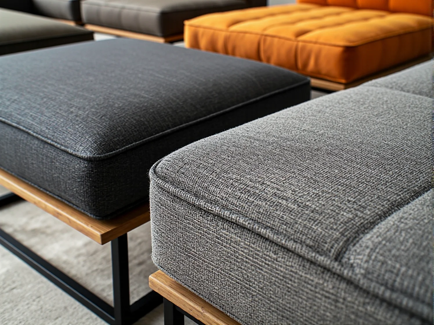 Tapicerowane ławki z poduszkami w kolorze szarym i pomarańczowym