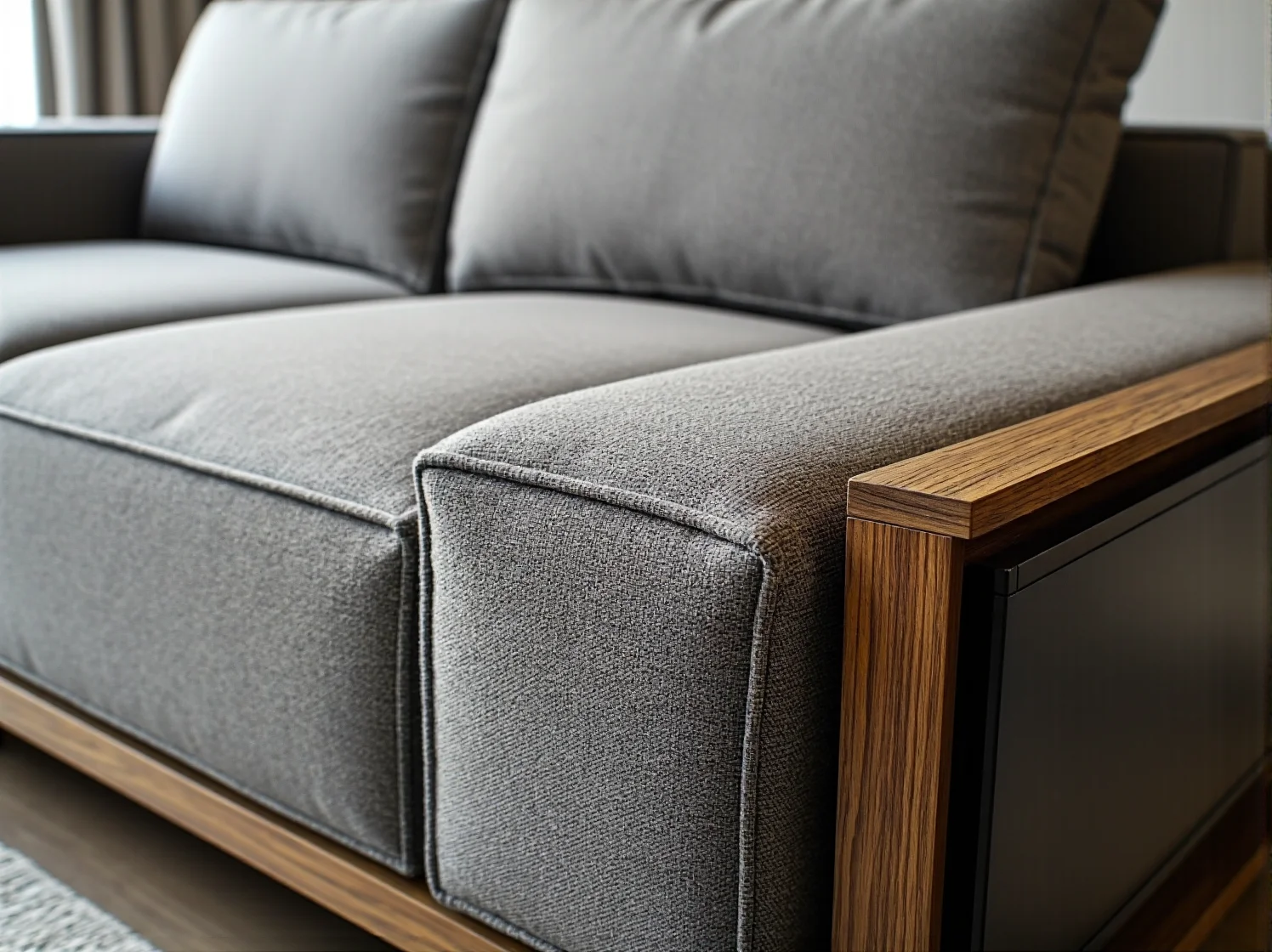 Szara sofa tapicerowana z drewnianymi podłokietnikami dębowymi