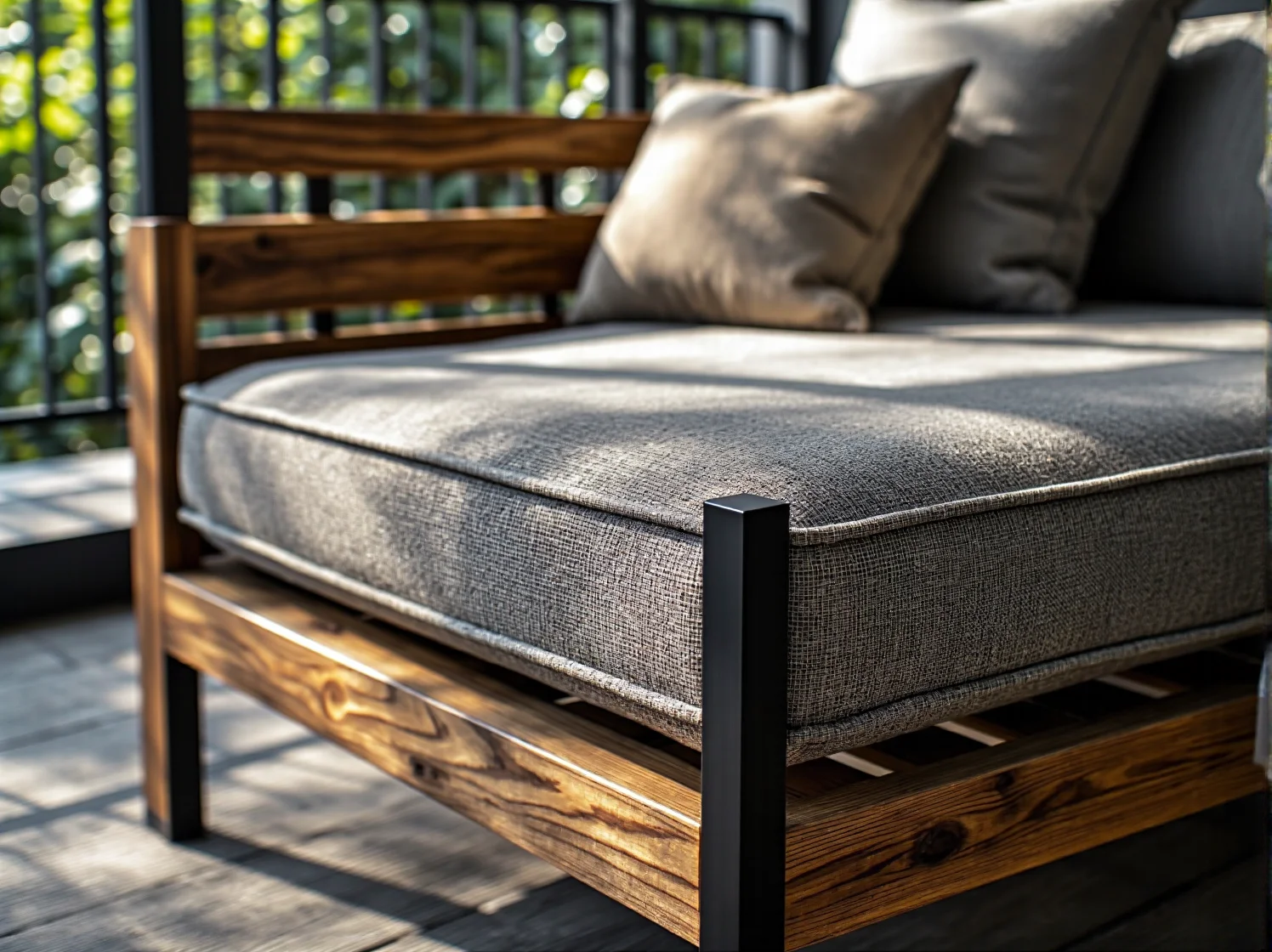 Inspiracja na mały balkon industrialny z drewnianą podłogą, czarnymi barierkami i prostymi dodatkami.