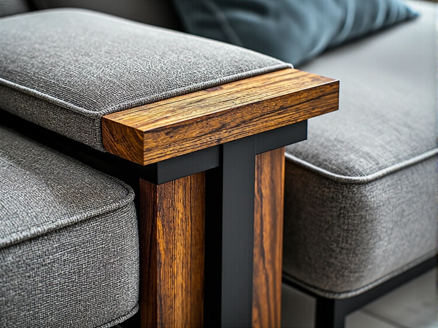 Drewniany podłokietnik narożnika szarego z elementami dębowymi