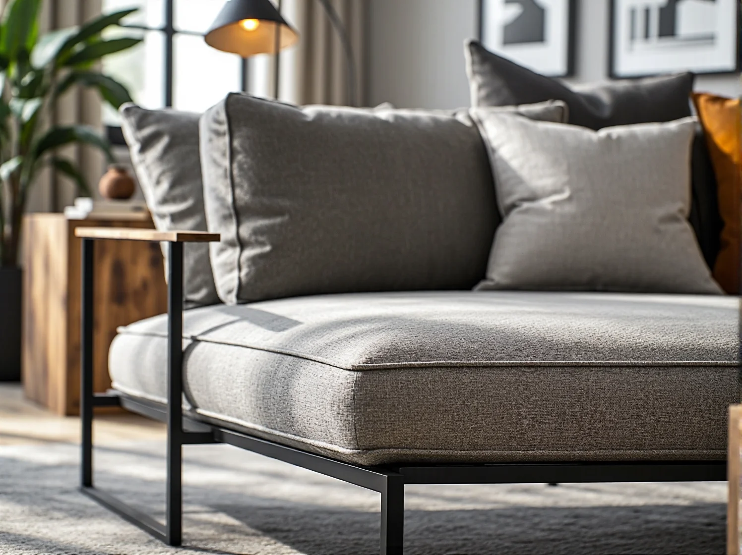 Nowoczesna sofa szara tapicerowana na czarnej metalowej ramie