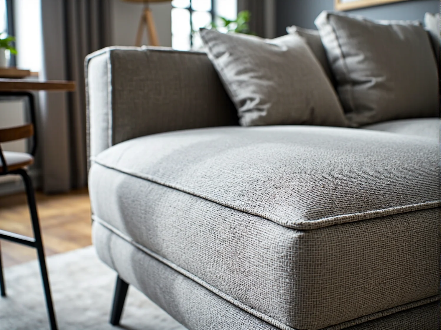 Szara sofa tapicerowana z poduszkami na metalowych nóżkach