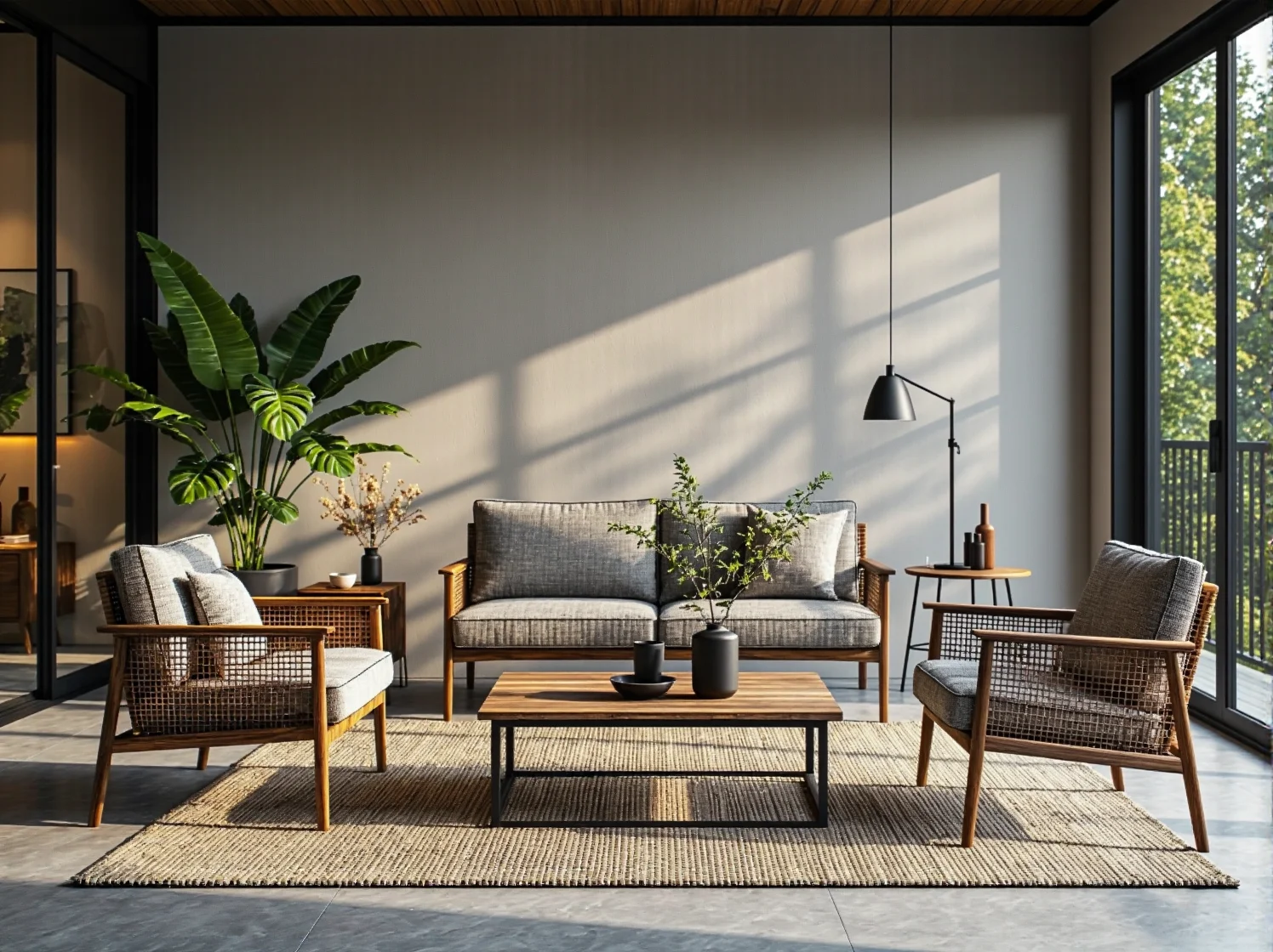 Nowoczesne meble na balkon industrialny: czarny metalowy stolik i krzesła idealne do małej przestrzeni.