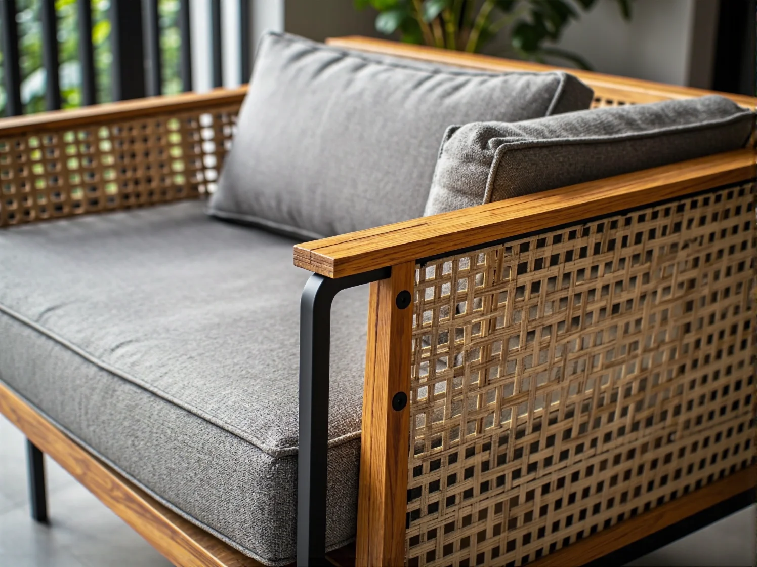 Sofa z drewnianą ramą rattanową i szarymi poduszkami