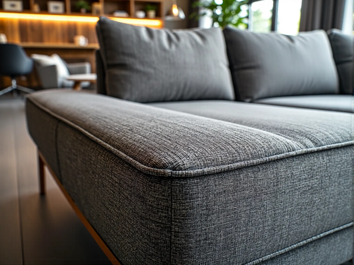 Szara sofa tapicerowana z miękkimi poduszkami oparcia