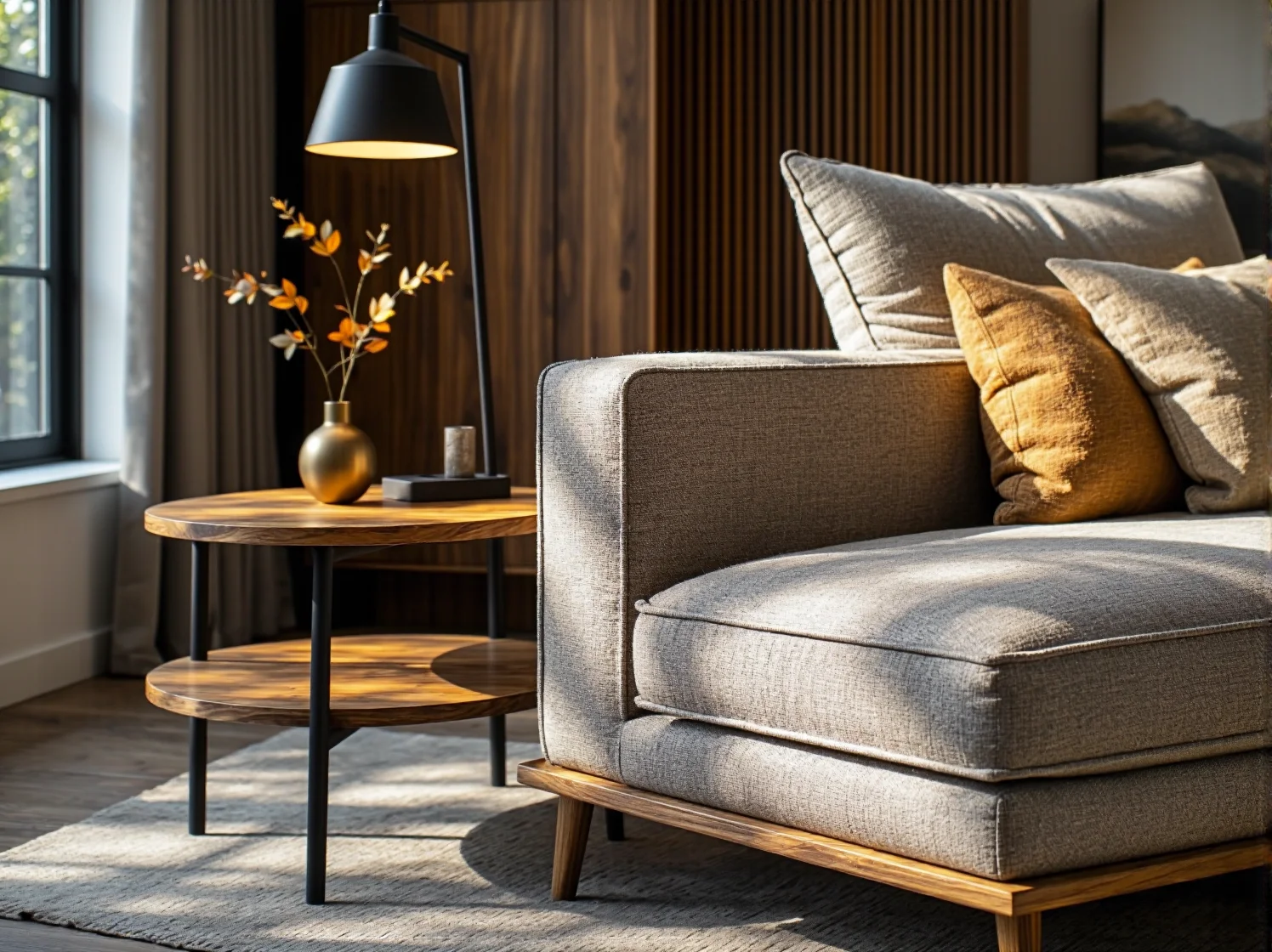 Tapicerowana sofa szara na drewnianej podstawie z poduszkami