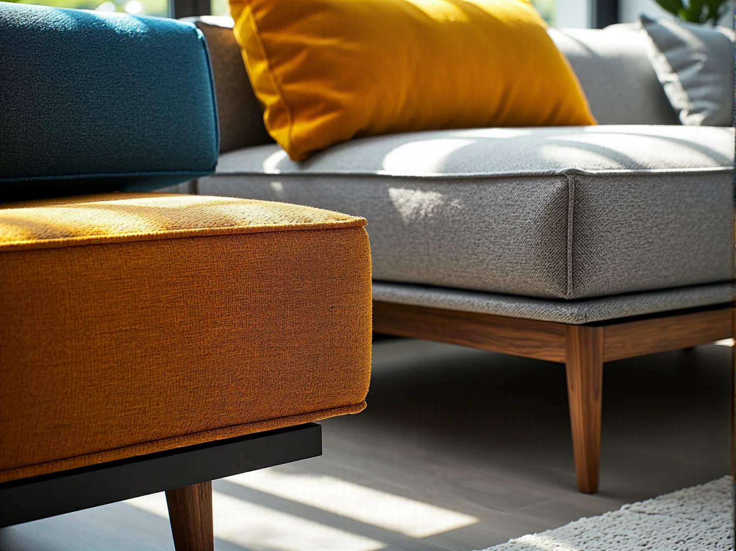 Zestaw modułowych mebli ogrodowych z technorattanu, które można dowolnie konfigurować na dużym tarasie.