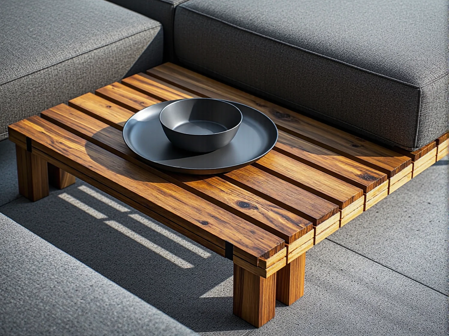Niski stolik kawowy z drewna akacjowego o lamelowej konstrukcji
