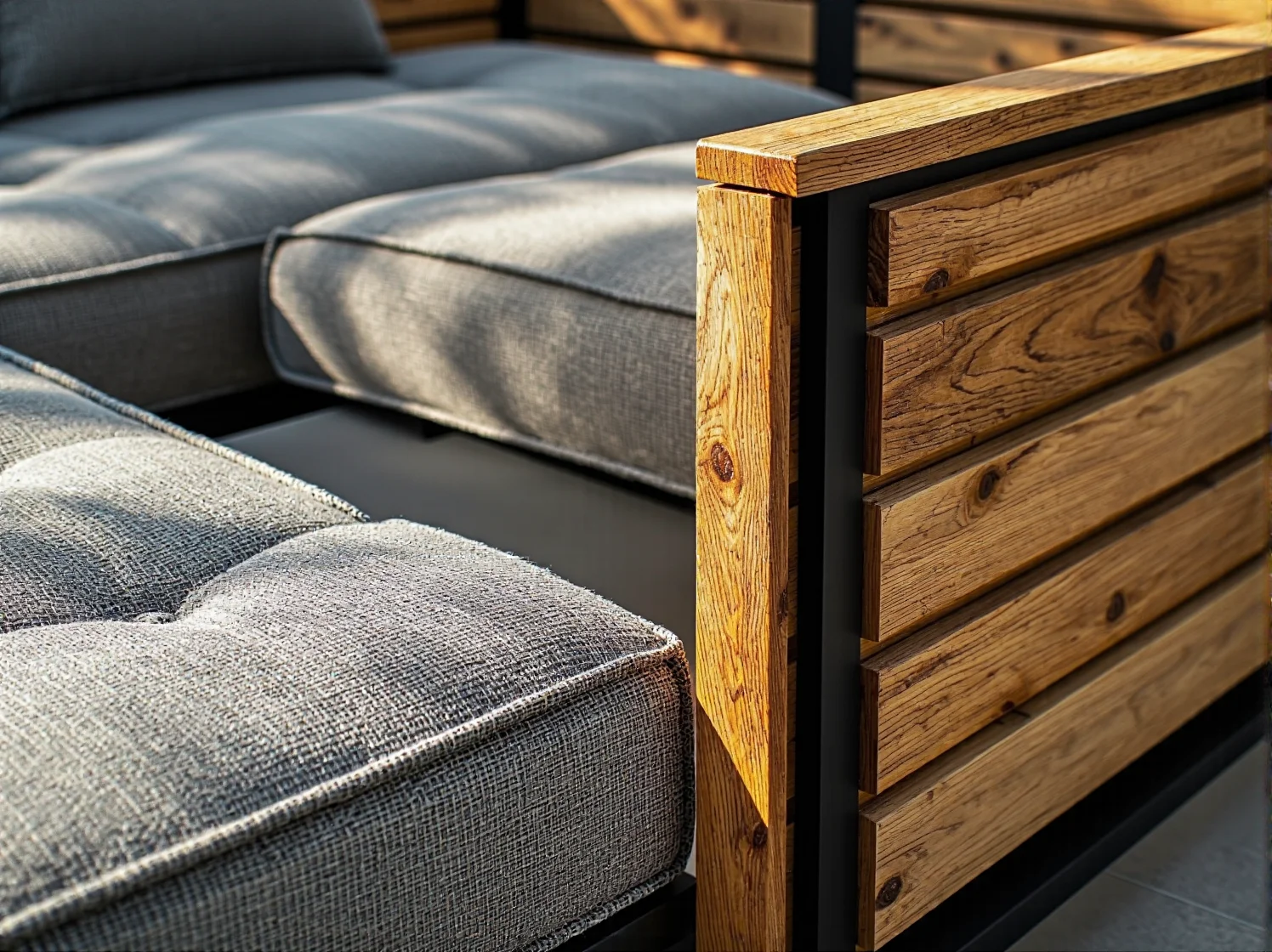 Jasne poduszki i naturalne materiały tworzące hygge w ogrodzie