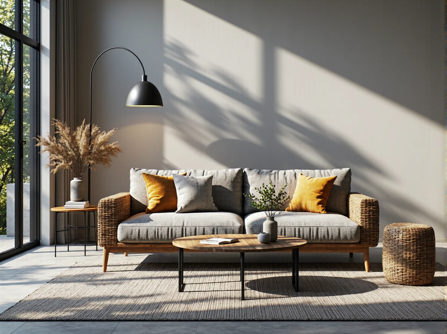 Sofa dwuosobowa szara z ratanowymi podłokietnikami i poduszkami