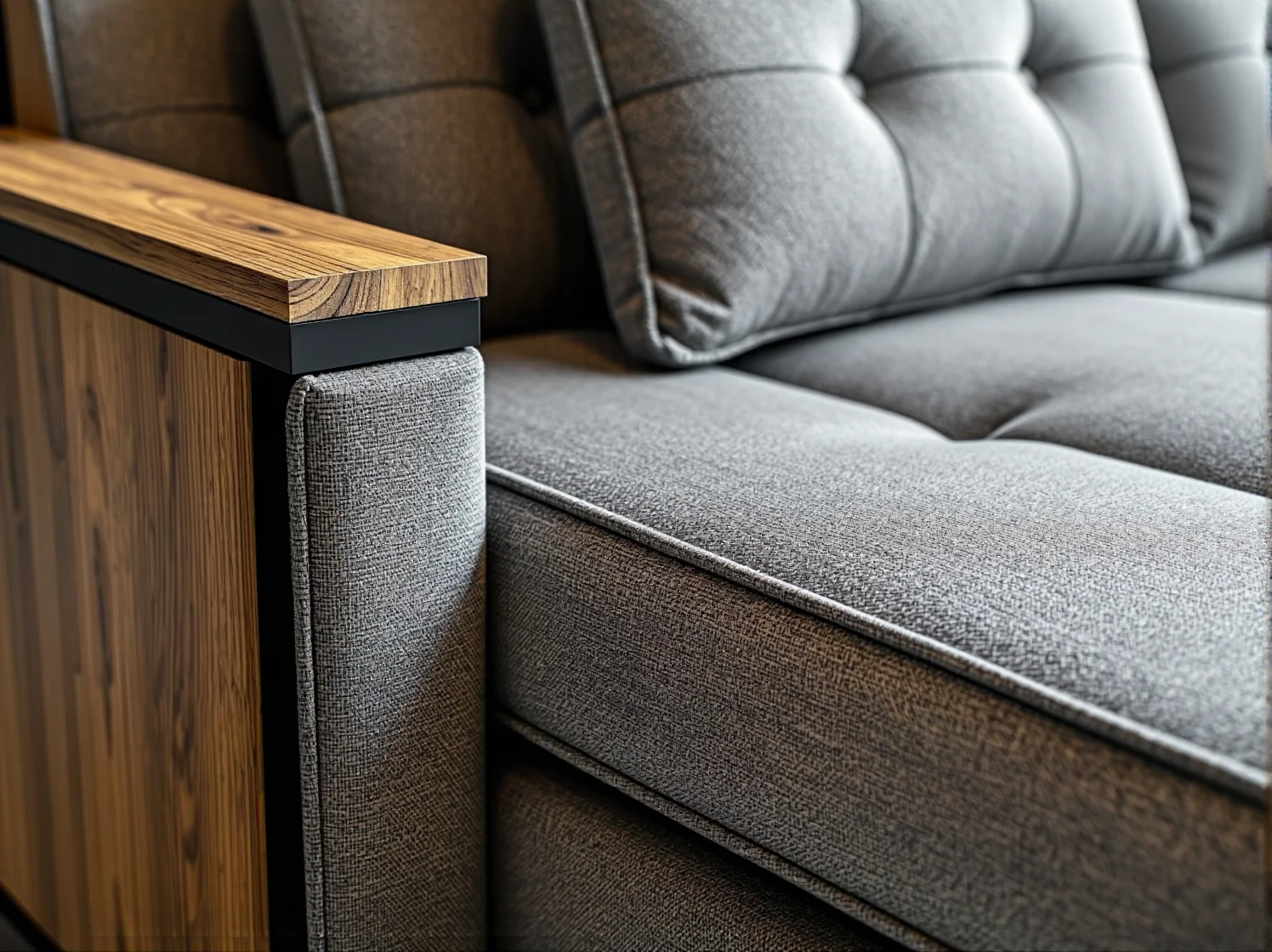 Szara sofa tapicerowana z drewnianym podłokietnikiem dębowym