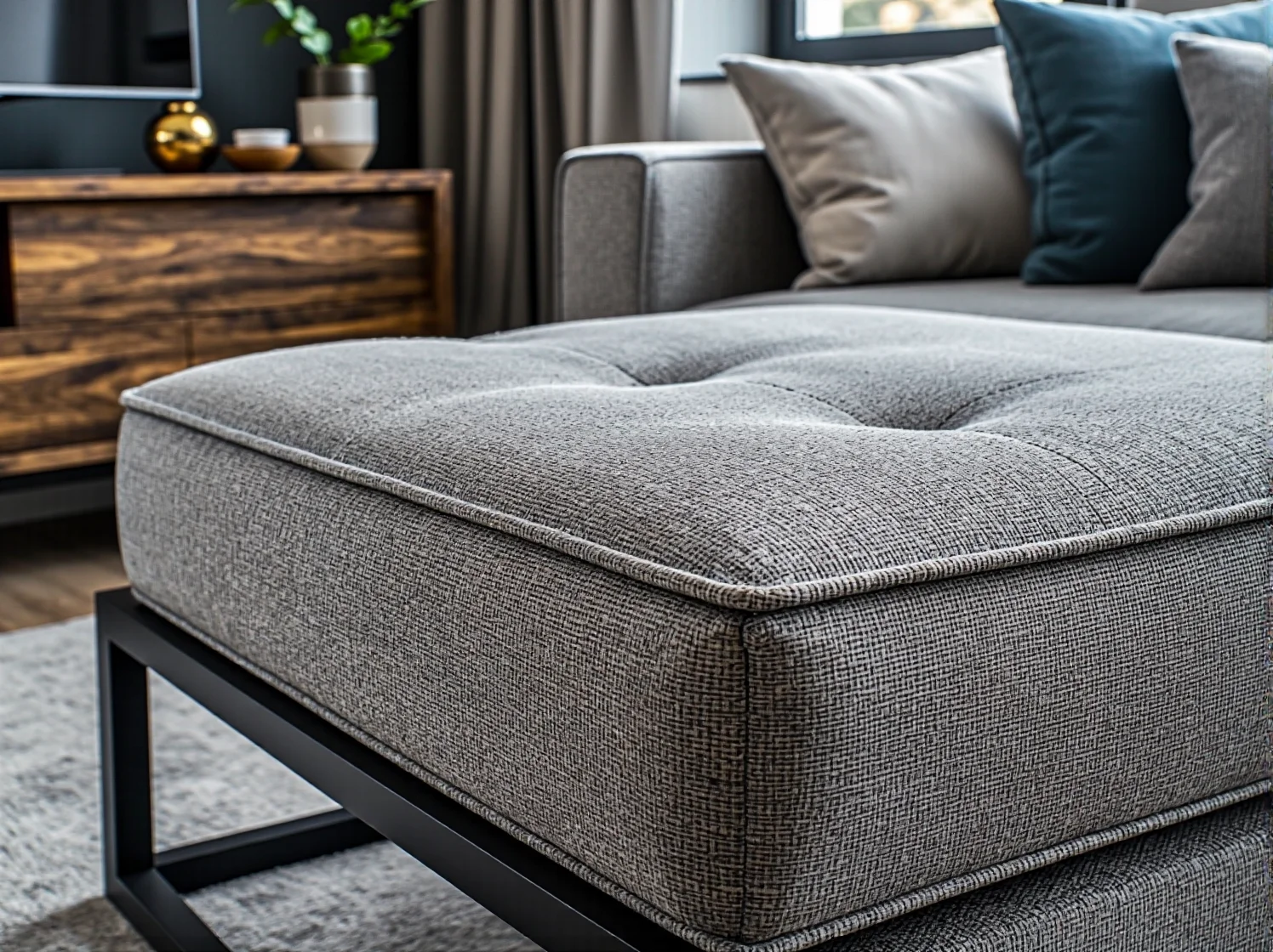 Tapicerowana pufa szara na metalowej czarnej ramie