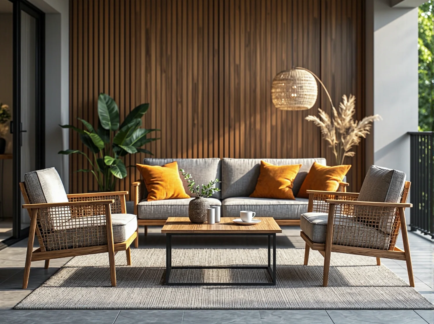 Zestaw wypoczynkowy z sofą i fotelami z drewna i rattanu