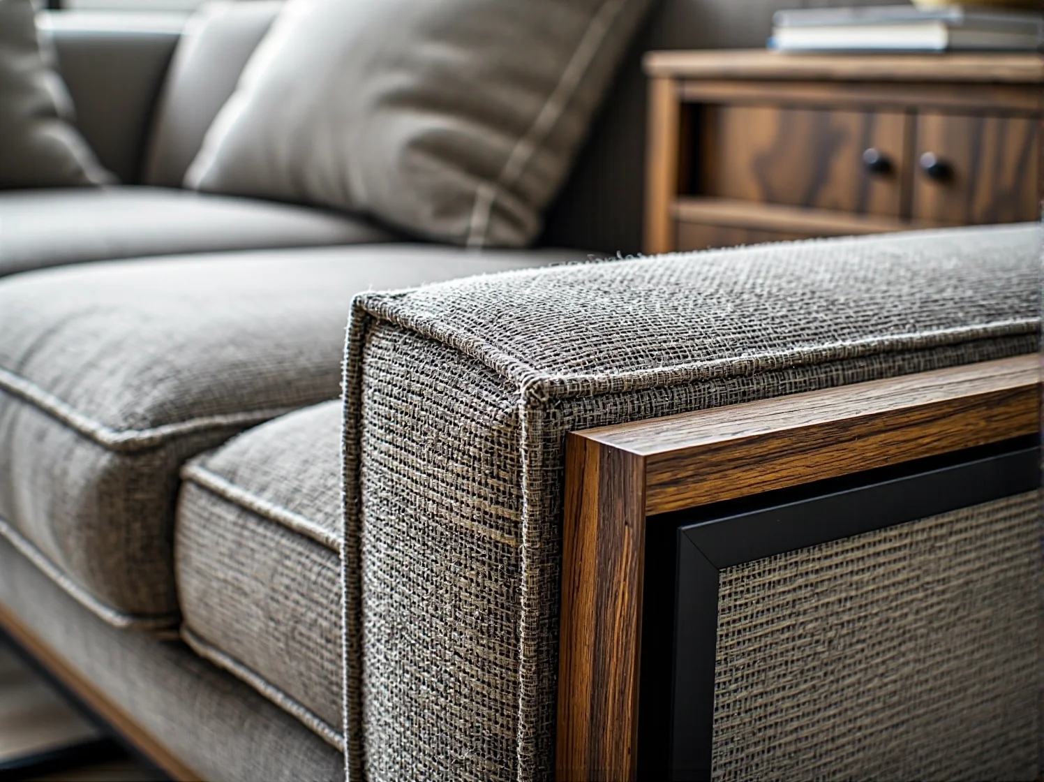 Szara sofa tapicerowana tkaniną z drewnianym wykończeniem podłokietnika