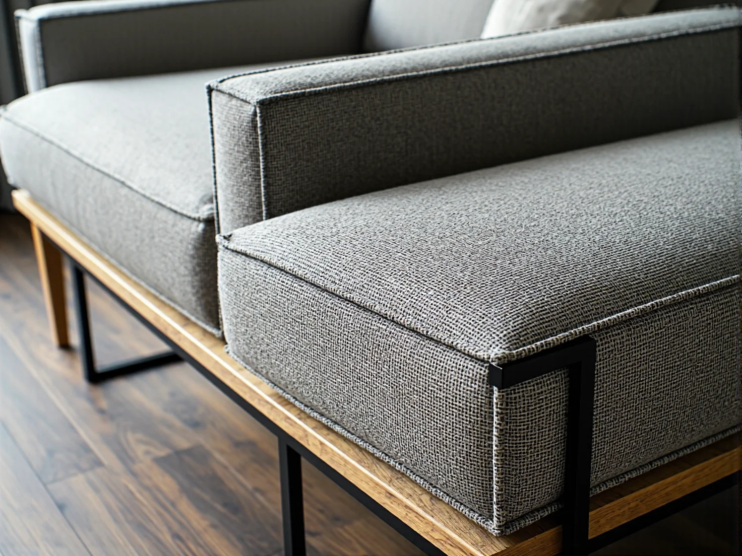 Szara sofa tapicerowana na drewnianej ramie z metalowymi nogami