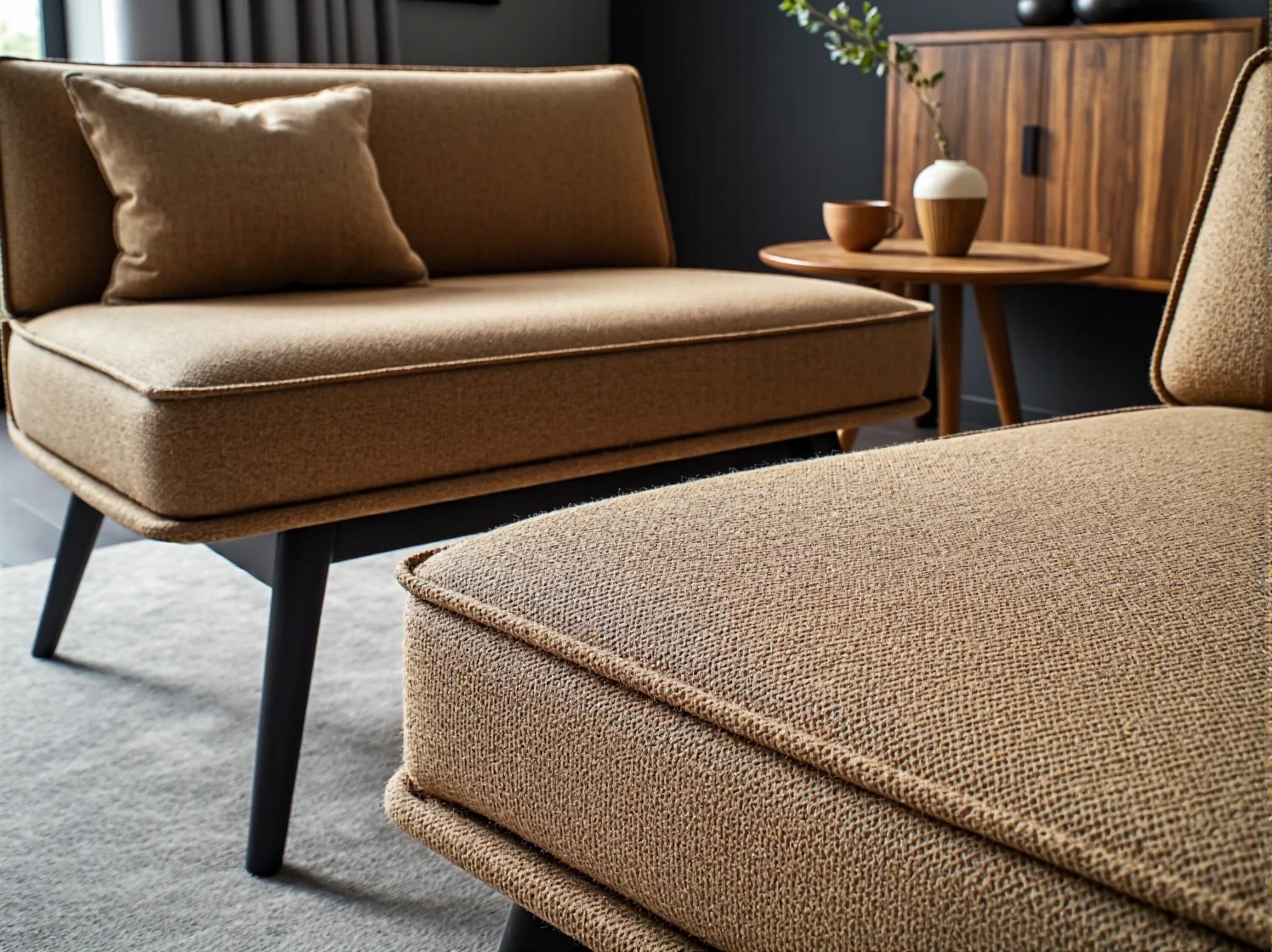 Tapicerowana ławka wypoczynkowa brązowa na czarnych nóżkach