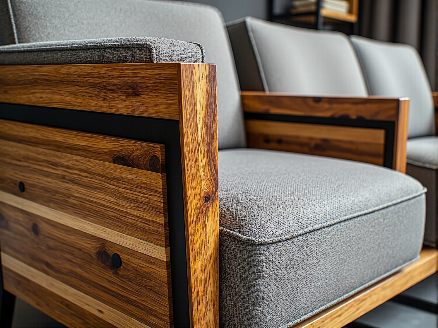 Fotel wypoczynkowy szary z drewnianymi podłokietnikami dębowymi