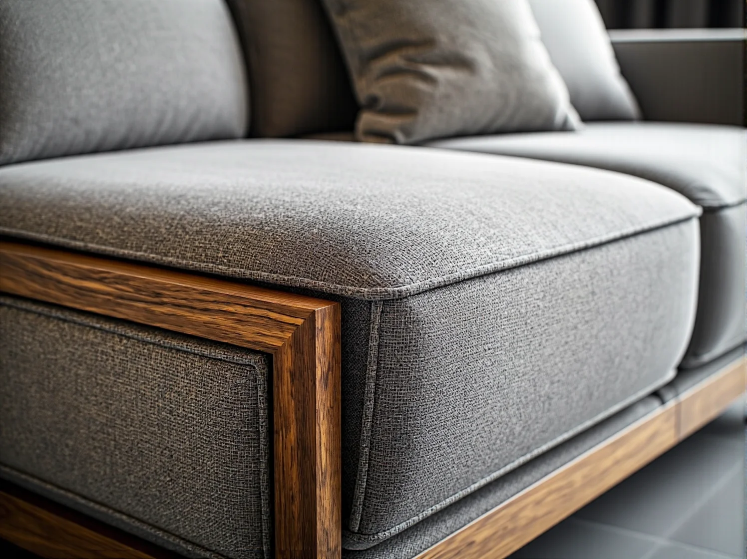 Szara sofa tapicerowana z drewnianą ramą i poduszkami