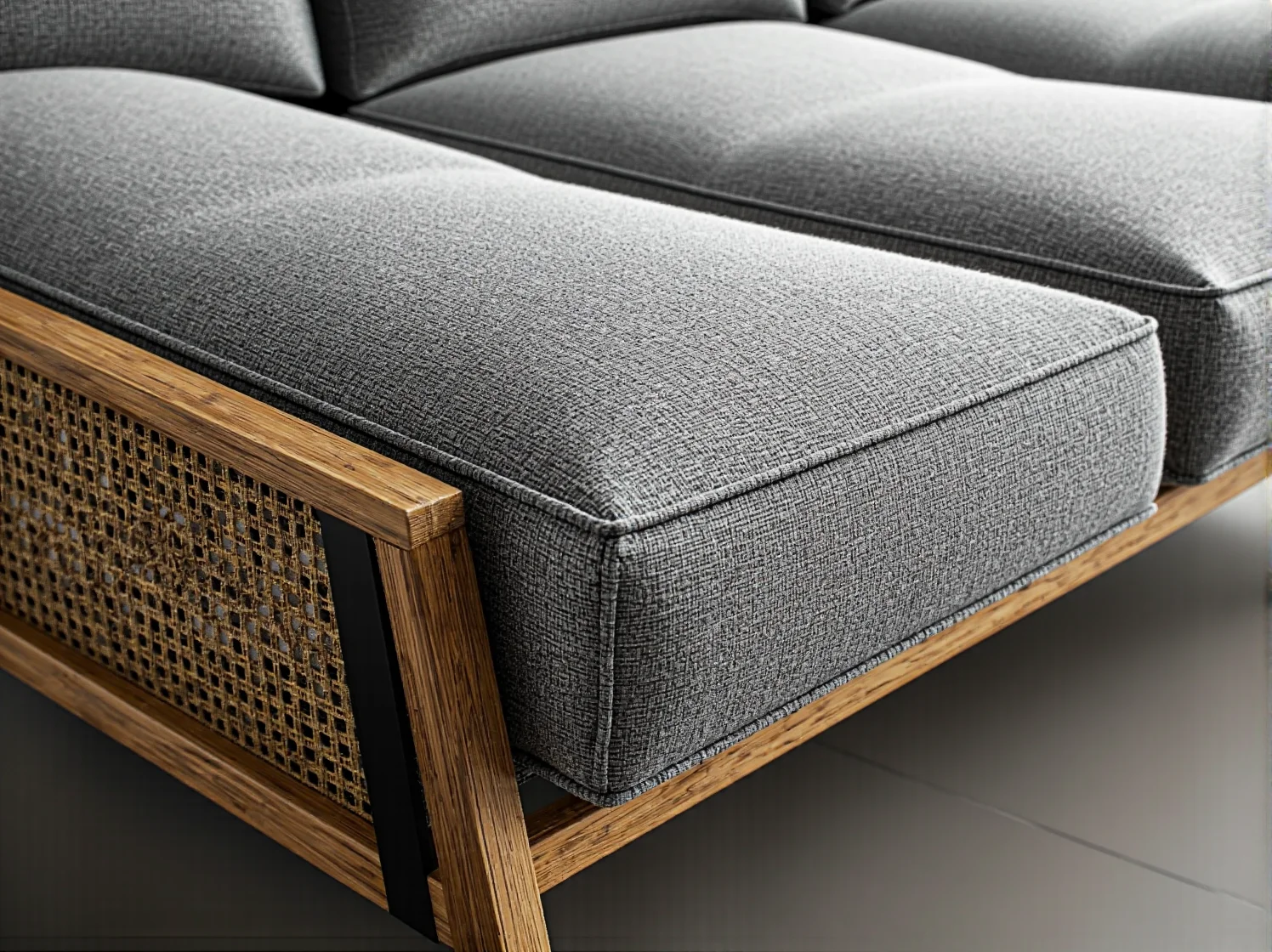 Szara sofa na dębowej ramie z rattanowym bokiem