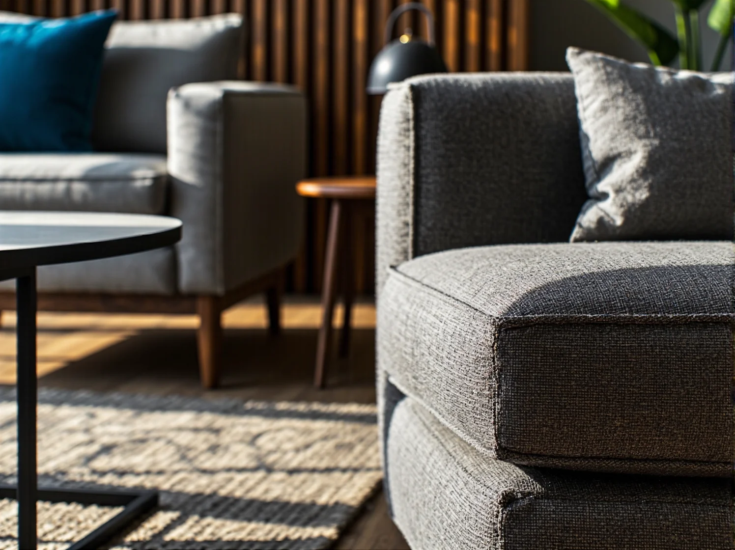 Tapicerowana sofa narożna szara z miękką poduszką dekoracyjną