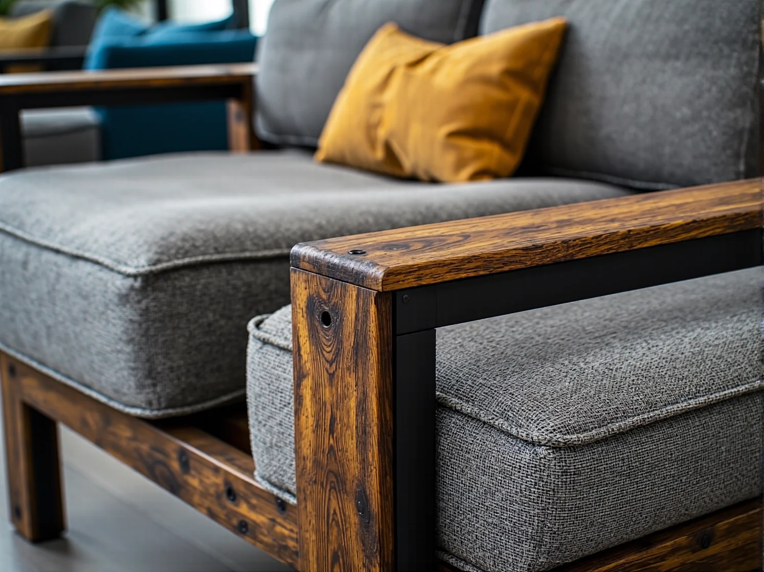 Szara sofa loftowa z drewnianymi podłokietnikami i metalową ramą