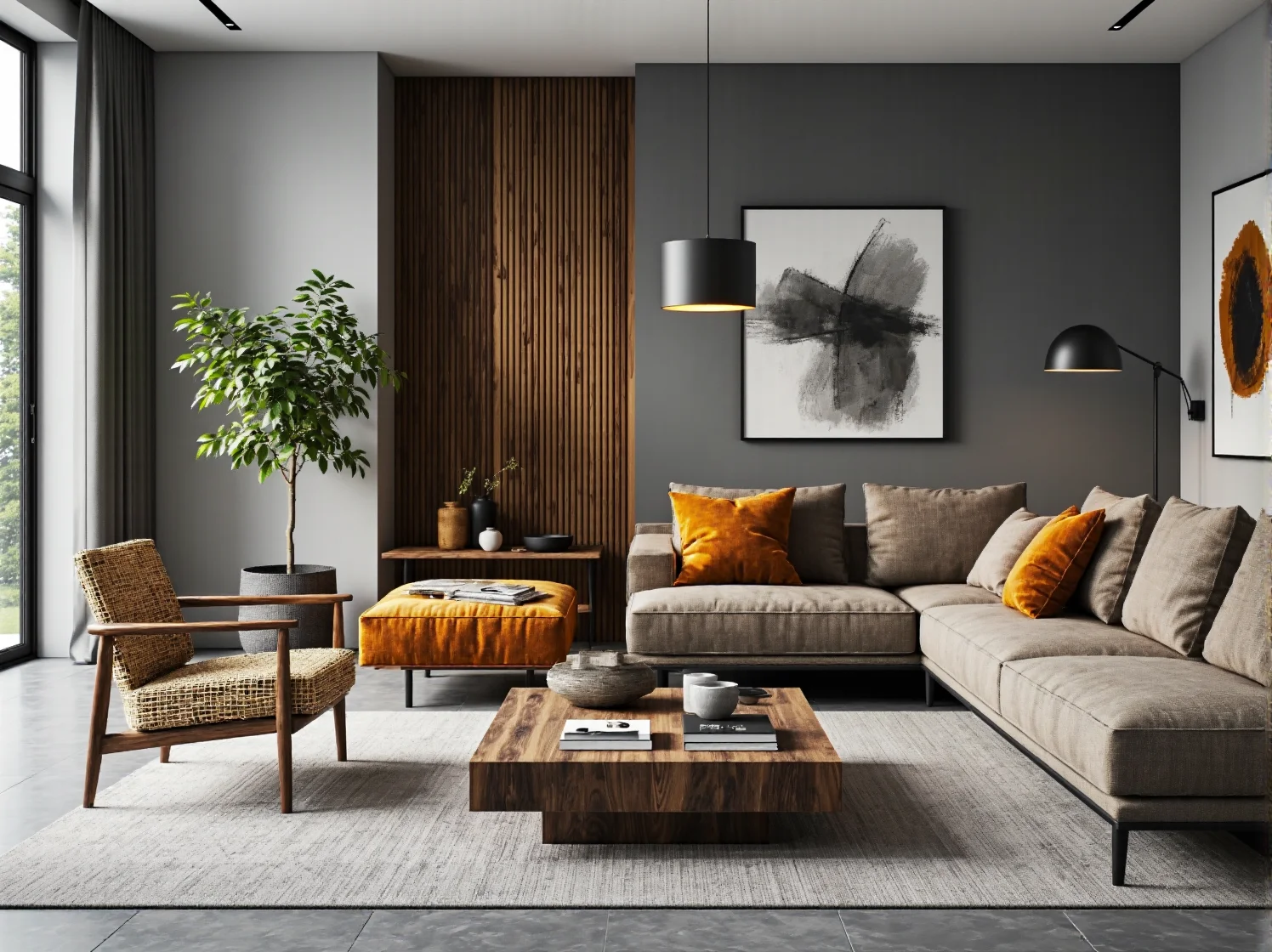 Narożnik tapicerowany beżowy z poduszkami i drewnianym stolikiem kawowym